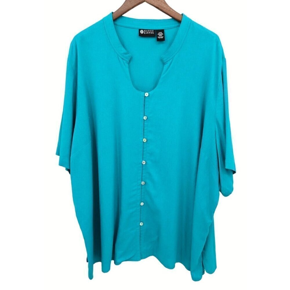 Maggie Barnes Button Up Top Blouse Women Sz 32 Elbow Sleeve Linen Blend Teal NEW
